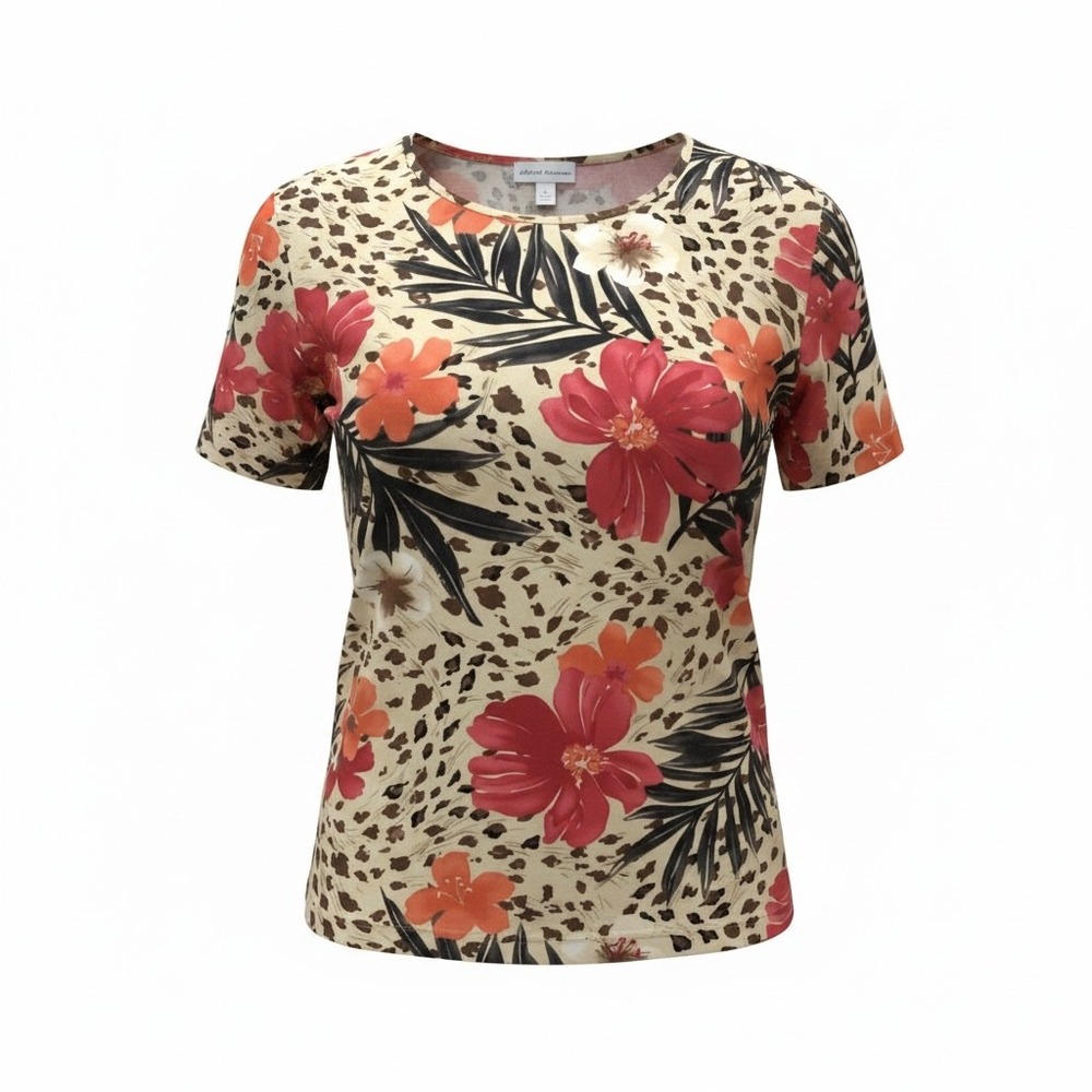 Alfred Dunner Womens Floral Leopard Print Short Sleeve T-Shirt Red Tan Large